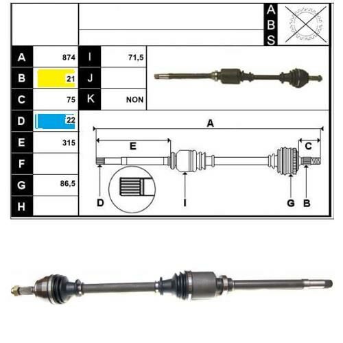 AKS SAĞ KOMPLE 306 1.4 8V 1994-1999 (DIS FREZE: 21 IC FREZE: 22 BOY:874MM) 3273.Z4-3273.Q2-3273.G1