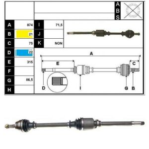 AKS SAĞ KOMPLE 306 1.4 8V 1994-1999 (DIS FREZE: 21 IC FREZE: 22 BOY:874MM) 3273.Z4-3273.Q2-3273.G1
