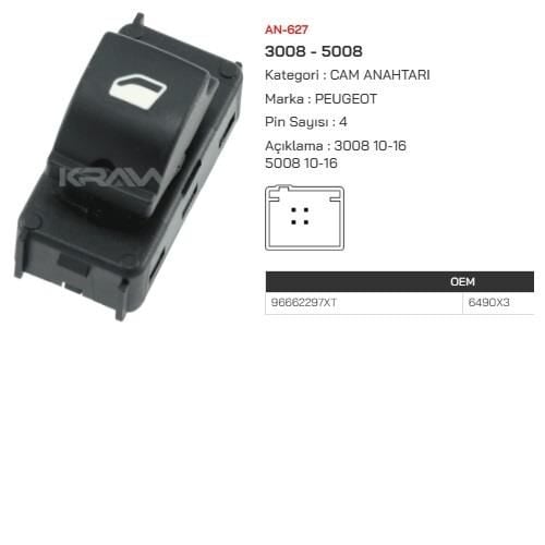 SAĞ ÖN CAM ACMA DÜĞMESİ (TEK DÜĞME) 3008-5008 2009-2016  4 PİNLİ