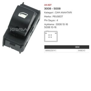 SAĞ ÖN CAM ACMA DÜĞMESİ (TEK DÜĞME) 3008-5008 2009-2016  4 PİNLİ